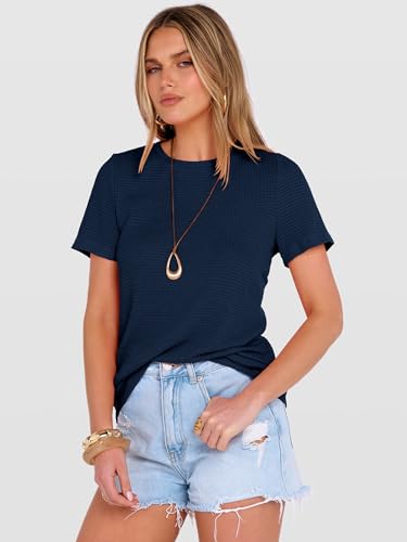 ANRABESS Women's Summer Waffle Knit Tops,Navy Blue,M — view 4
