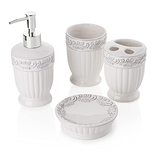 Baroni Home Set in Ceramica Accessori da Bagno, Include Dispenser, Portaspazzolino, Bicchiere e Portasapone Bassorilievo Set 4 Pezzi Classic Bianco