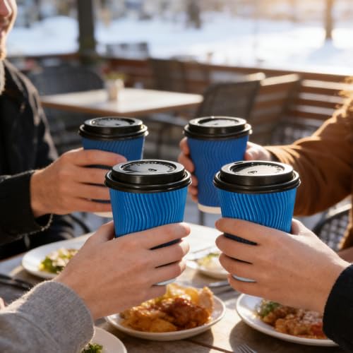 Lamosi 8 oz 100 Pack Disposable Coffee Cups with Lids, Insulated Paper Coffee Cups with Lids, Corrugated Ripple Wall To Go Coffee Cup with Lid for Hot Beverages (Blue) by Lamosi - Image 6