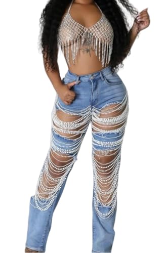 Cut Out Jeans for Women Straight Leg Mid Waisted Ripped Rhinestone Pearl Beaded Denim Pants3