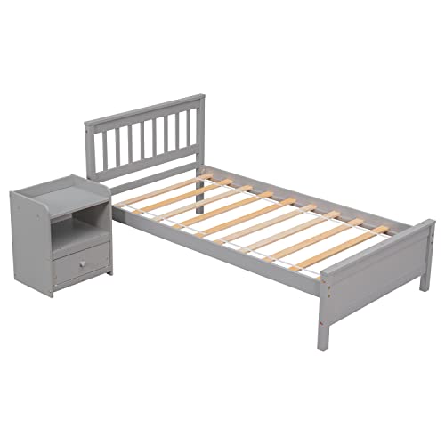 Citylight Twin Size Platform Bed With A Nightstand, Wooden Twin Bed Frame With Headboard And Footboard For Kids, Teens, Adults, No Box Spring Required (Twin, Gray) #TOP2