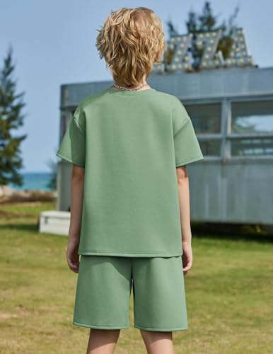 Image of Arshiner Boys Drop Shoulder T-Shirt & Drawstring Waist Shorts Summer Casual Outfits (5-12 Years)