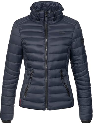 Navahoo Damen Steppjacke XS-XXL leichte Übergangsjacke mit abnehmbarer Kapuze, wasserabweisend, taillierter Schnitt B650 (XL,Navy)