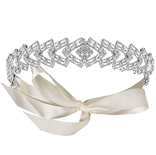 BABEYOND Crystal Bridal Headband Headpiece Wedding Headpiece for Bride Wedding Bridal Hair Accessories with Ivory Satin Ribbon Silver Tone