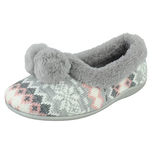 Spot On Ladies Rose Bank Memory Foam Norwegian Print Pom Pom Slippers Grace - Grey Textile - UK Size 5 - EU Size 38 - US Size 7