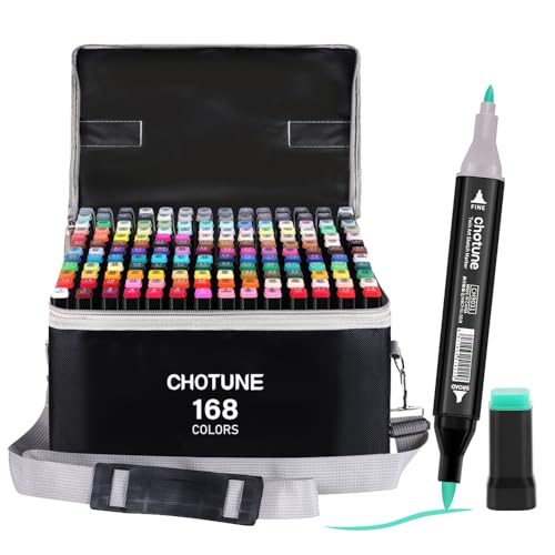 Image of CHOTUNE Marker pen, 168 colours, alcohol marker, latest model of markers with fine tip and brush tip with base and carry bag, suitable for comics, anime illustrations or calligraphy