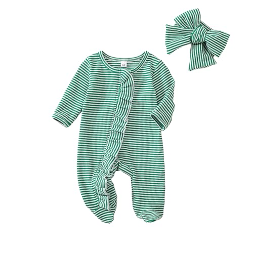 Image of Newborn Infant Girl Footies Romper Solid Color Frills Baby Jumpsuit Zip Up Onesie Clothes Headband 0-12M (Green Striped, Newborn)