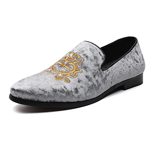 Image of FLQL Men's Luxury Velvet Penny Loafers Shoes Embroidery Suede Dress Loafers Daily Boats Shoes for Party Wedding Prom Size 7-13