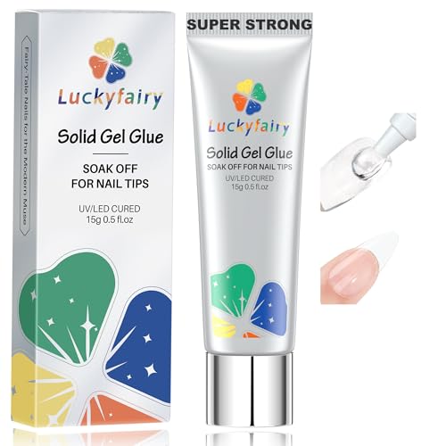 Luckyfairy Nail Glue Gel for Nail Tips, Super Strong Solid Gel Glue U V Cured Needed, 15ml Soak Off Soft Adhesive Bonding for Acrylic Nails, Nails Extension Fake Nails
