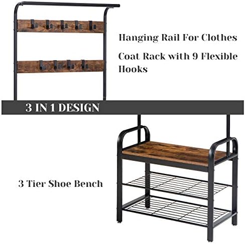 IBUYKE Coat Rack Stand, Industrial Coat Tree, Free Standing Hall Tree, Metal Coat Rail, Coat Stand with 9 Removable Hooks, Bench and Shoe Rack, 72.5x35 x185 cm, TMJ001H