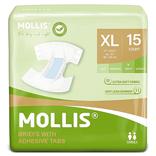 MOLLIS Adult Diapers for Women and Men, Unisex Disposable Incontinence Briefs with Tabs, Odor Control, XLarge, 15 Count