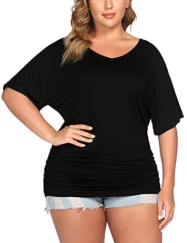 IN VOLAND Women Plus Size Blouse Stretch Pleated Tee Shirt Short Sleeve Tops V Neck Summer Tunic Shirts Classic Black