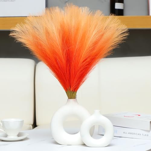 Ureymx Faux Pampas Grass Decor 17.7 Inch 30pcs, Pompas Grass Flower Arrangement and Vase Filler Artificial Pampas Grass Short Decor for Boho Home Wedding Decoration (Gradient Orange)