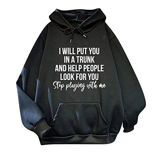 melupa Women's Funny Graphic Letter Print Hoodies Casual Long Sleeve Drawstring Pullover Sweatshirt Tops with Pocket Black