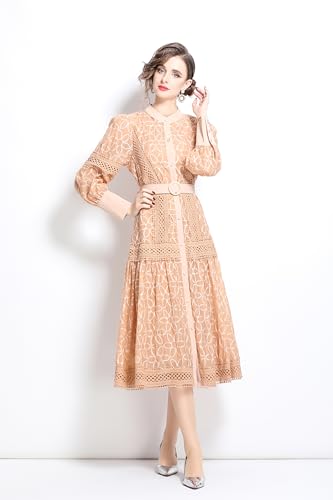 Image of LAI MENG FIVE CATS Women's Round Neck Lantern Sleeves Embroidery Button Layered Lace Hem Midi Dress with Belt