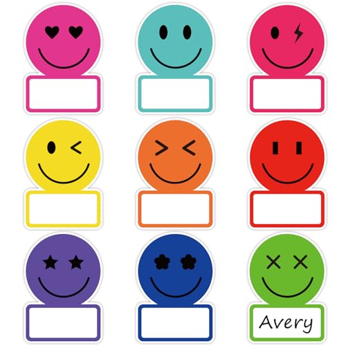 Image of Whaline 135Pcs Rainbow Smile Face Name Tag Sticker Back to School Nameplate Decals 9 Designs Happy Face Bright Colors Desk Labels for Classroom Bulletin Board Office Wall Decor