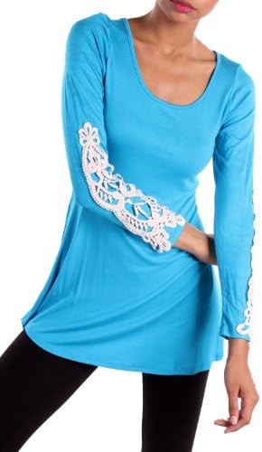 Women's Solid Top with Crochet Elbows Shirt Color Aqua Size: Large