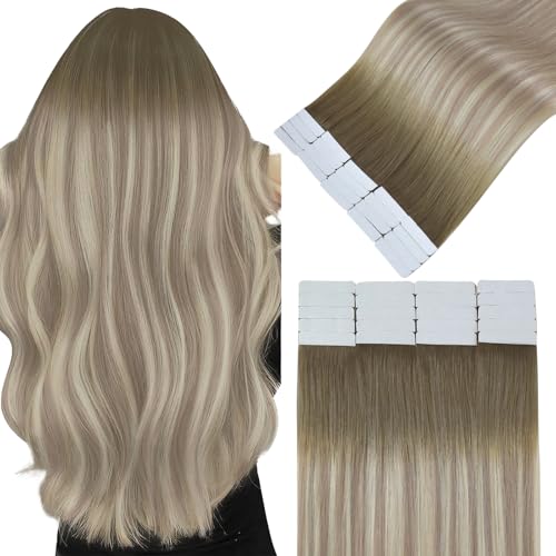 Easyouth Tape in Extensions Balayage Hair Extensions Real Human Hair Tape in Light Brown Ombre Ash Blond and Platinum Blonde Tapes Hair Extension Human Hair for Long Straight Hair 24 Inch 20pcs 50g