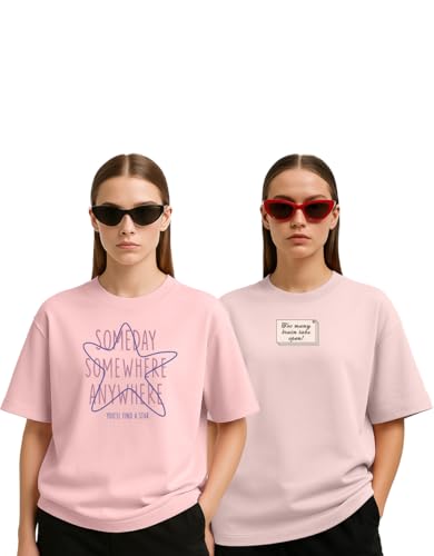 Image of Women's Oversized Cotton Blend Graphic T-Shirt Combo (Pack of 2) | Baggy Fit, Drop Shoulder, Half Sleeves | Sizes S to 2XL