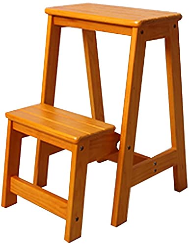 Escalera de dos peldaños y silla de doble uso en taburete móvil de madera maciza