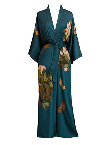 Women s Charmeuse Kimono Robe Long - Watercolor Floral - Peony & Butterfly- Vintage Teal (Blue)