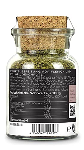 Ankerkraut Limetten Pfeffer, mit grobem schwarzem und grünem Pfeffer, Limetten-Pulver und Zitronenschale, 75g im Korkenglas