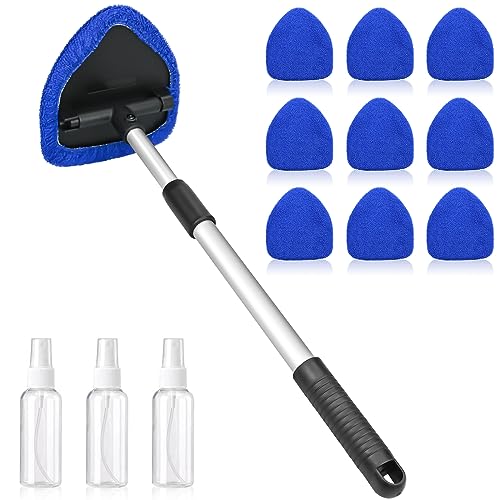 Car Windscreen Cleaner, Expandable Car Window Cleaner with 9 Reusable Microfiber Triangle Pads & 3 Pray Bottles Auto Windshield Cleaning Tool with Detachable Handle (Blue)