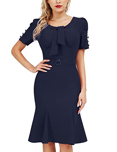 Image of MUXXN Women's Vintage 1950s Midi Crew Neck Short Sleeve Party Cocktail Work Casual Bodycon Dress