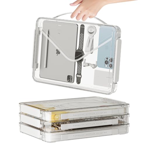 MSHOMELY 4 Pack Clear Portable Project Case with Handle Plastic Stackable Paper Storage Box Document Magazines Holder for A4 Letter File Scrapbook Storage Photo Protector Case