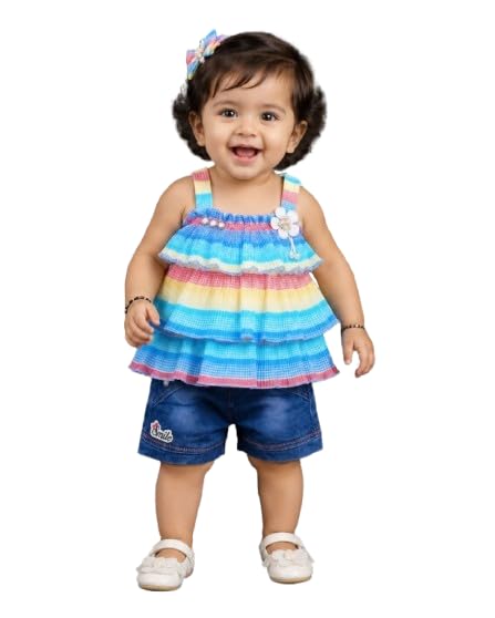 Baby Girls Striped Tiered Top and Denim Shorts Set-picture-46