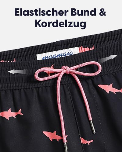 MaaMgic 2 in 1 Badehose für Herren mit Kompression Innenhose | 7\ Schnelltrocknend Badeshorts Männer 4 Way Stretch Boardshorts mit Reißverschlusstasche Verstellbar Tunnelzug,L,Schwarz Rosa Hai
