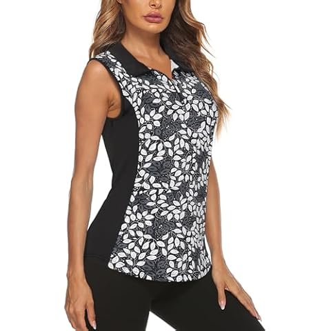 Misyula Style Womens Golf Shirt Sleeveless, Quarter Zip Golf Polo Tank Tops Running Tennis Athletic Outdoor Outfits,Black-White Leaf,L Cover