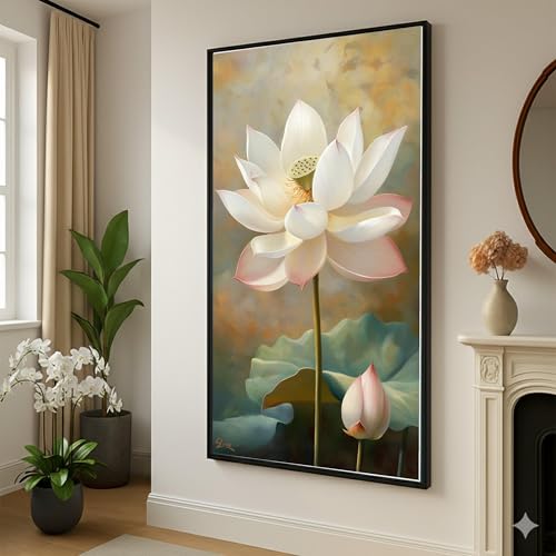 Toile fleur de lotus blanc 80x150cm avec cadre intérieur en bois pour art mural