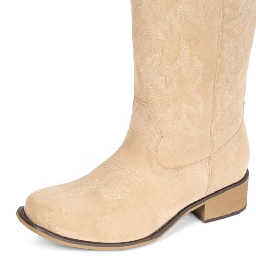 Image of IUV Cowboy Boots For Women Square Toe Wide Suede Western Mid Calf Cowgirl | Comfortable and Roomy, Embroidered, Rugged, Vintage-modern, Stylish for Daily Life and Outdoor Adventures.