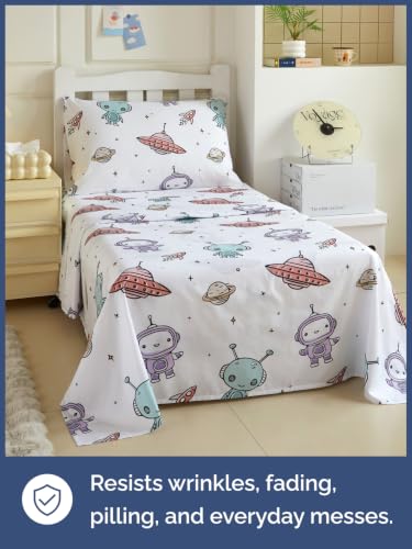 Image of Kids Twin Size Robot Bed Sheets - 3 Piece Kids Robot Sheet Set - Galaxy Space Bedding - Ultra-Soft, Cute & Cozy - Breathable & Machine Washable - Wonderful Bed Set for Boys, Girls, Teens & Toddlers