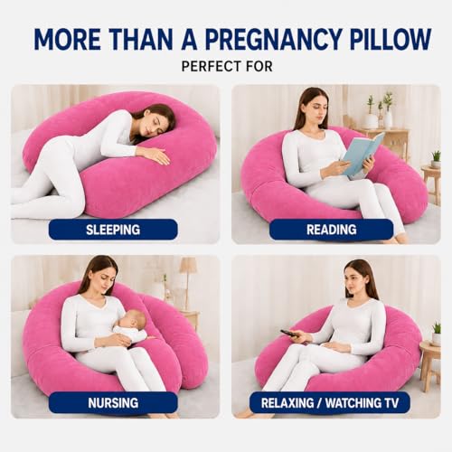 Image of Restify U-Shape Pregnancy Pillow for Women Sleeping | Full Body Maternity Pillow for Back, Hips, Legs & Belly Support | Removable & Washable Velvet Cover | Pink