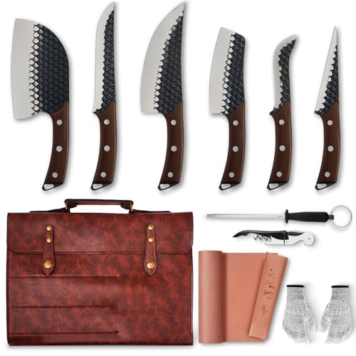 LETYANGER Butcher Knife Set with Bag, High Carbon Steel Knife Set for Meat Cutting, Meat Cleaver Butcher Boning Knife for Brisket Trimming, Full Tang Kitchen Knife Sets, with Butcher Paper Roll