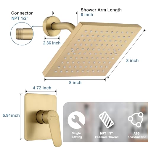 Set de cabezal y válvula de ducha Gold, instalación de pared, cuadrado de 8 pulgadas, chorro único, mezcla para baño (1.8 GPM) miniatura 3