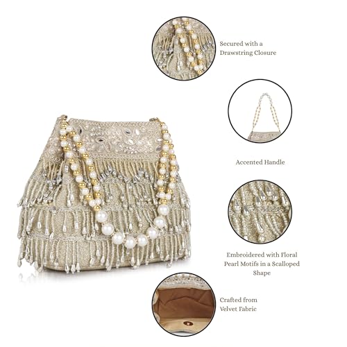 Image of Nevis PU Silk Women's Pearl & Bead Embellished Potli Bag with Beaded Handle | Designe Wedding & Festive Handbag