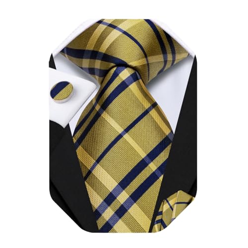 Image of Hi-Tie 70 inches Ties for Men Silk Extra Long Necktie and Pocket Square Cufflinks Set Men Big and Tall Tie Business