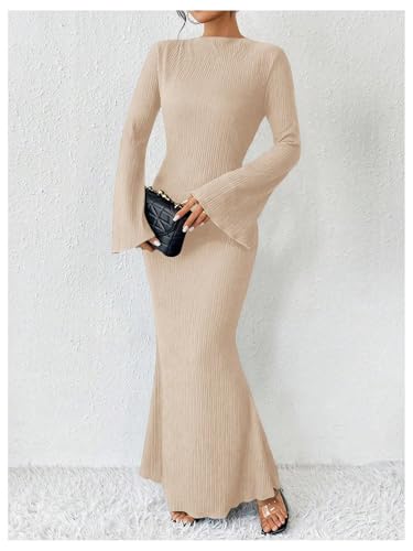 Image of GORGLITTER Women's Bell Long Sleeve Cocktail Maxi Dress Crew Neck Bodycon Fishtail Casual Long Dresses