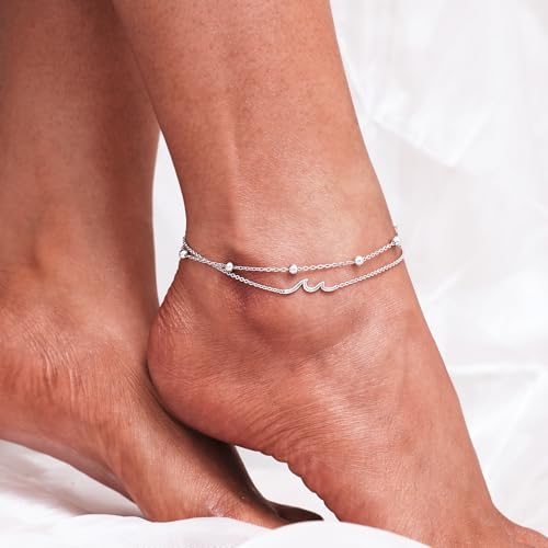 Image of CHIC & ARTSY 925 Sterling Silver Ankle Bracelets for Women, Adjustable Layered Foot Chains with Nature & Symbol Charms, Lightweight Comfort Fit Boho Beach Everyday Jewelry