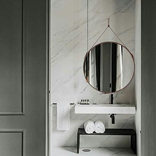 HofferRuffer Decorative Hanging Mirror, Round Hanger Mirror, Strap Wall Mirror, Mirrors with Silver Hardware Hooker/Hanger for Home Decoration, Brown, 50cm