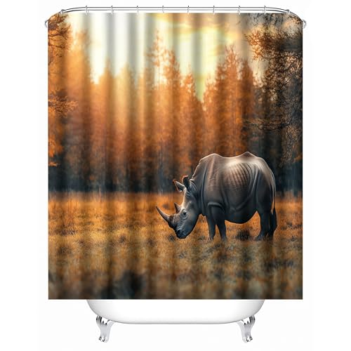 Nashorn Duschvorhang Anti-Schimmel und Wasserdicht Waschbar - Natur Wald Tier Nashorn -Design für Badewanne & Badezimmer 180x150 cm inkl. 10 Haken