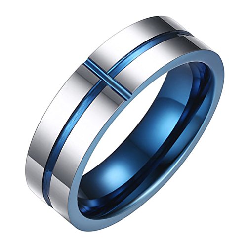 OAKKY Hommes Tungstène Carbure Bande de Mariage Traverser Bague Christian Jesus Prière Seigneur Argent et Bleu 6mm Taille 66