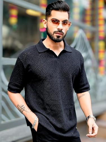 Image of Maniac || Mens || Solid Textured || Polo Neck || 3 /4th Sleeve || Cotton || Oversized Polo T-Shirt