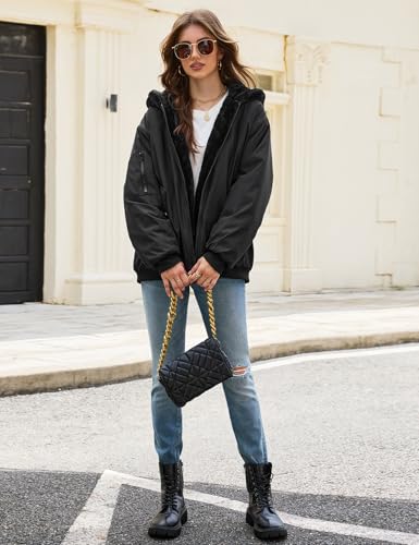 Vancavoo Winterjacke Damen Warm Fleece Gefütterter Wintermantel Winter Sweatjacke Kurz Mantel Puffer Jacke Fleecejacke Kapuzenpullover mit Kapuze für Teenager Mädchen,Schwarz,L