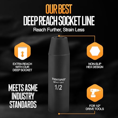 Image of TIGHTSPOT 1 /2 Inch Drive 1 /2 Inch Deep Impact Socket with Anti-Rounding 6 Point Design, Heat-Treated CRV Steel