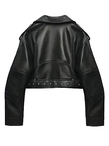 LY VAREY LIN Women Faux Leather Cropped Jacket Lapel Zipper Biker Short Coat with Belt2