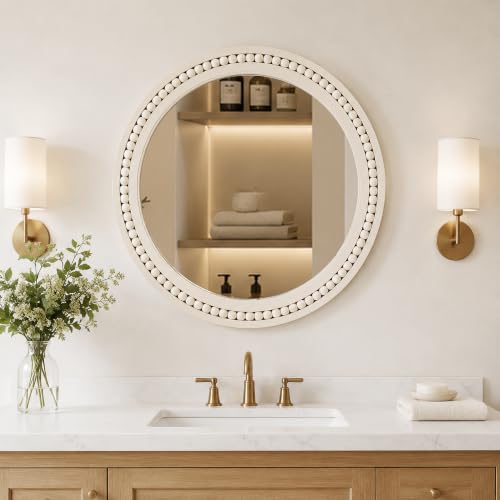 Image of Saliwa 24 Inch Round Bathroom Mirror, White Wood Framed Wall Mirror, Rustic Farmhouse Round Mirror for Vanity, Entryway, Living Room, Bedroom and Hallway
